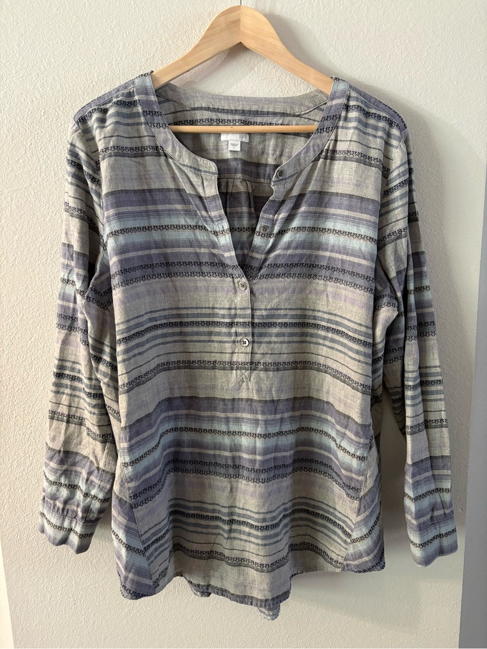 Coastal Grandma Blue Striped Henley Cotton Popover Boho Lagenlook J. Jill L